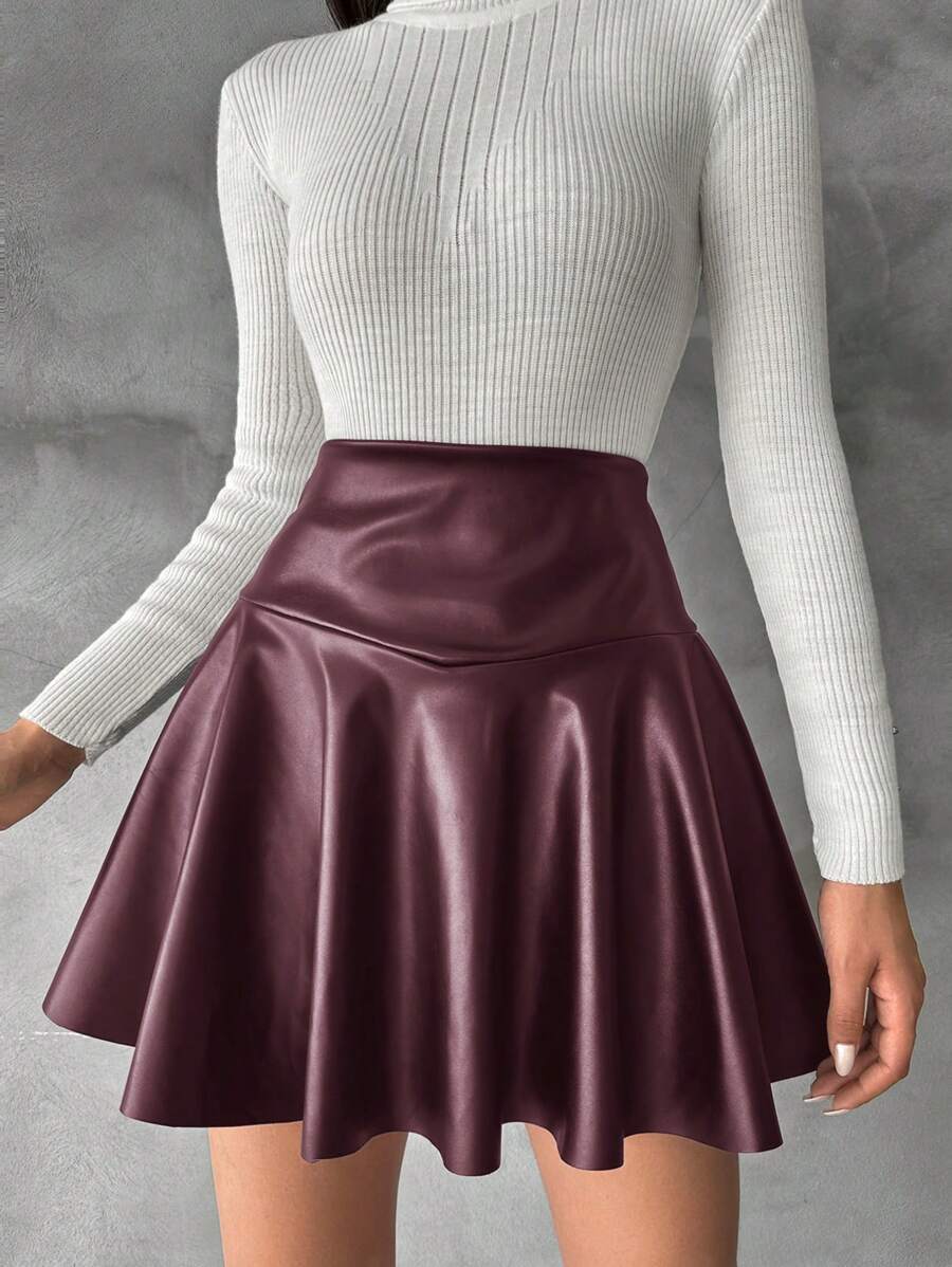 SHEIN Cottnline Solid Color Side Zipper Women'S Skirt - Maroon - View 1