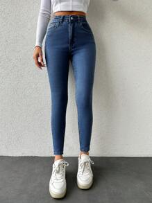 EURMUSE 女性中腰修身牛仔褲 - 深色水洗藍 - 查看 4