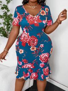 SHEIN Clasi Plus Size Summer Elegant Flower Printed Bodycon Dress With Ruffle Hem - Multicolor - View 5
