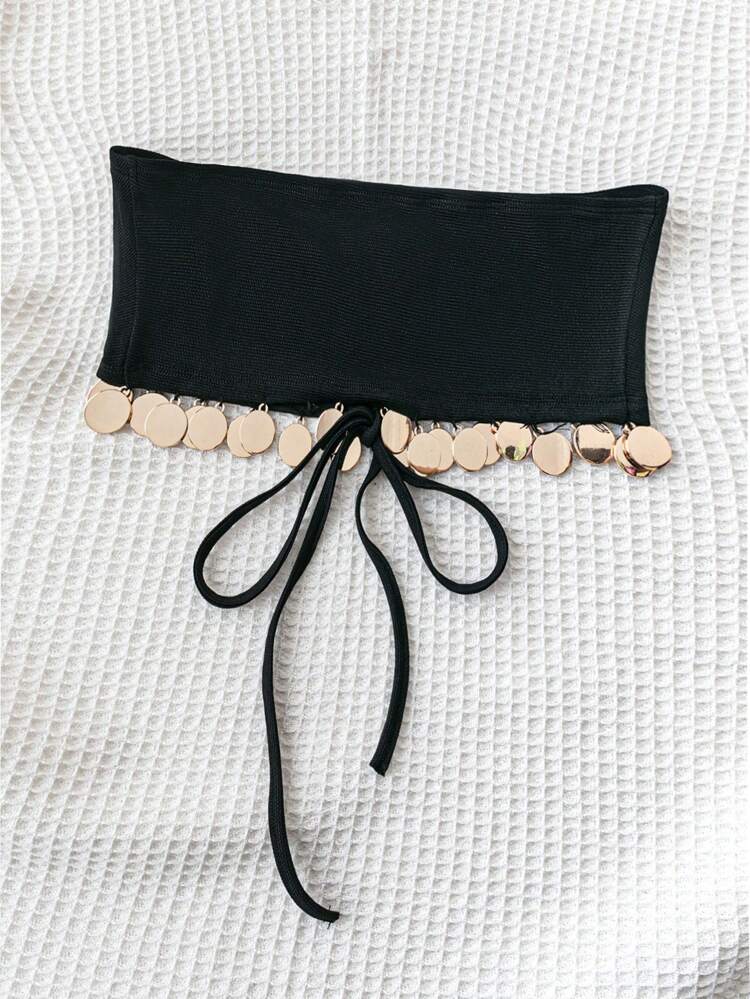 Boho Style Women's Black Bandeau Top With Drawstring, Tassel, Coin Embellishment And Splice Design, Perfect For Music Festival