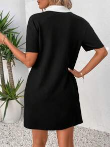 SHEIN LUNE Vestido corto recto negro sencillo de verano con cuello blanco y diseño de bloque de color, ropa cómoda para mujeres - Negro - Ver 2