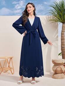 Al Najma Solid Color Belted Long Sleeve Elegant Arabic Abaya, Travel Abaya - Blue - View 5