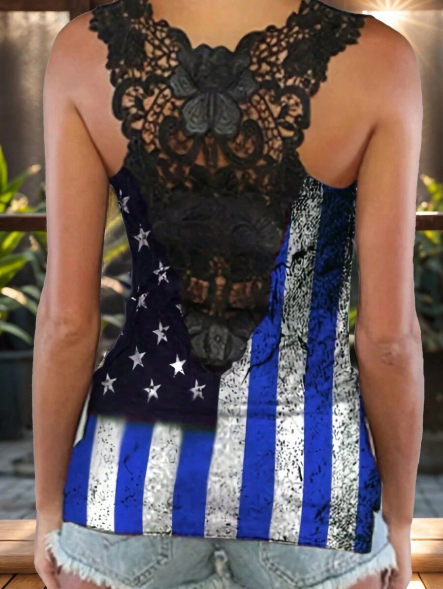 SHEIN LUNE Women's Simple Daily American Flag Lace Trimmed Camisole - Multicolor - View 1