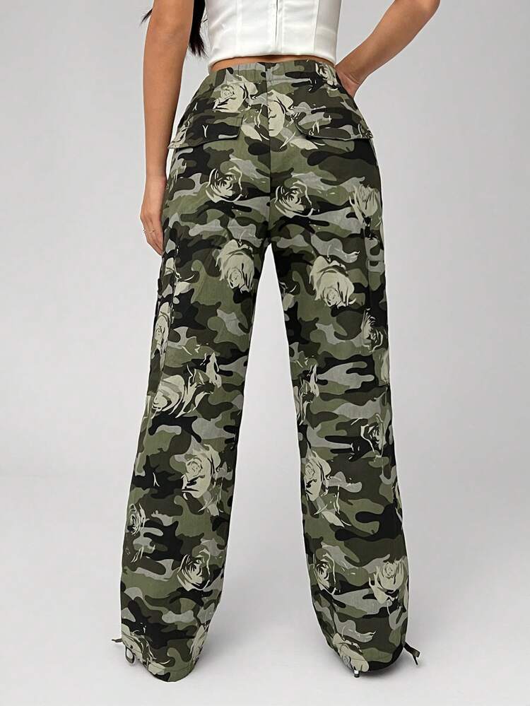 Women's Flower Camo Print Belted Casual Long Pants Fall Cloth For Women