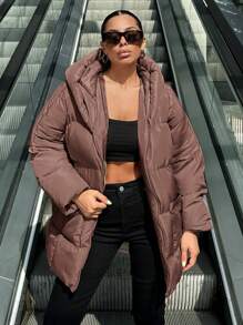 EURMUSE Ladies' Hooded Loose Fit Padded Jacket With Zipper - Brown - View 3