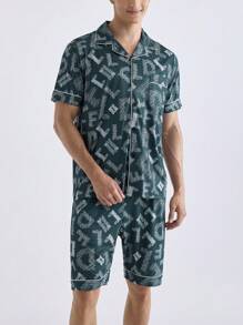 Men's Hyper All Over Print Lapel Button Front Pajama Set With Bermuda Shorts Loungewear - Multicolor - View 5