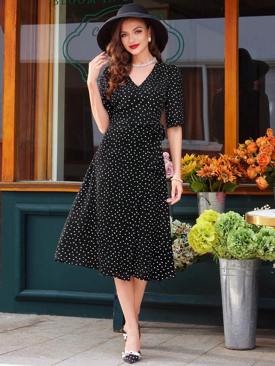 Vintamour Vestido envolvente elegante y vintage para mujeres, vestido de lunares de verano con lazo y cuello en V con cinturón negro, ropa de maestra, falda larga, atuendo para concierto de mujeres, estilo old money, vestido de trabajo casual, vestidos largos para mujeres, hawaiano - Negro - Ver 1