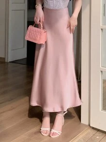DAZY 女士简约纯色休闲通勤中长裙 - 粉色 - 查看 7