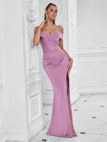 ADYCE 露肩开衩高腰褶皱侧边鱼尾裙摆鸡尾酒会礼服，优雅适合晚宴、正式晚宴、婚礼宾客穿着（女装） - 淡紫色 - 查看 6