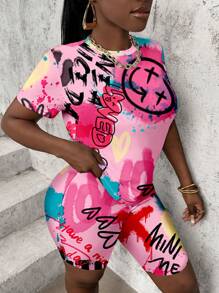 Slaydiva 大尺碼夏季休閒彩墨塗鴉印花短袖T恤和短褲套裝