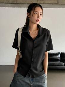 DAZY 女士夏季短袖純色單排釦休閒T恤 - 黑色 - 查看 5