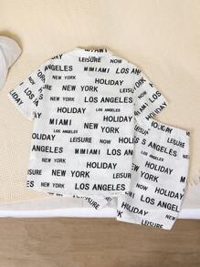 SHEIN Tween男童加大碼全印花英文字母立領短袖鈕扣恤衫和短褲套裝，夏季 - 白色 - 查看 2