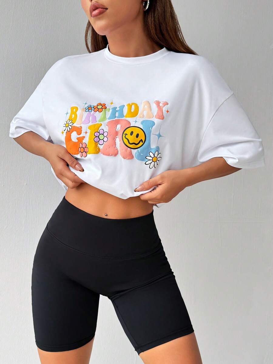 SHEIN EZwear 女士夏季標語卡通印花寬鬆T卹，圓領和垂墜式袖子 - 白色 - 查看 1