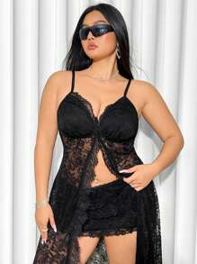 SHEIN ICON 大尺碼蕾絲背心上衣，適合度假和披肩穿搭 - 黑色 - 查看 1