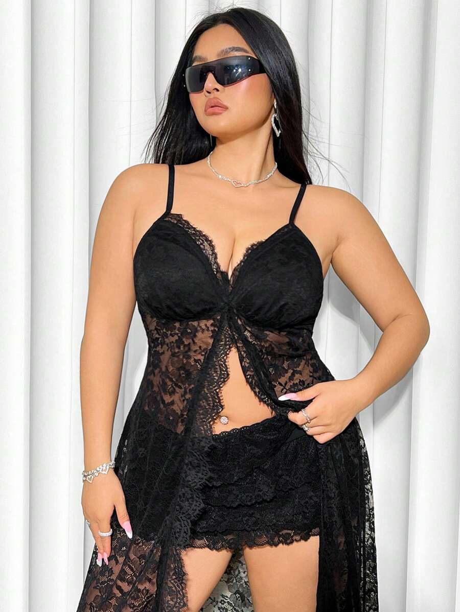 SHEIN ICON 大尺碼蕾絲背心上衣，適合度假和披肩穿搭 - 黑色 - 查看 1