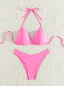 Swim Basics Bãi biển mùa hè dành cho nữ Dây buộc cổ màu trơn Bộ bikini gợi cảm tách biệt, đệm lót, chống đẩy - Hồng - Xem 3