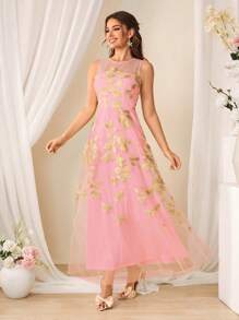 SHEIN Belle Elegant Embroidered Formal Dress For Women - Pink - View 3