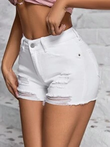 SHEIN PETITE Ladies' Casual Denim Shorts With Distressed Pockets And Frayed Hem - White - View 1