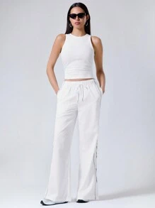 SHEIN EZwear Color Block Drawstring High Waist Wide Leg Cargo Pants For Sports & Casual Outfits - White - View 3