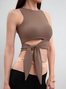 Easithlete Women's Stylish Solid Color Slim Fit Twist Design Sports Tank Top Workout Tops - Khaki - View 5