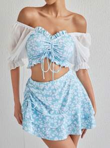 DAZY 女士夏季沙灘花卉印花荷葉邊露肩短袖比基尼套裝，3入組 - 彩色 - 查看 3