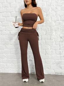 SHEIN EZwear 女性時尚棕色褶皺無肩帶上衣&喇叭褲修身套裝，夏季 - 棕色 - 查看 4