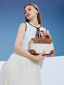 MOTF PREMIUM LADIES FASHION METAL BAMBOO ACCENT TWO TONE FLAP TOP HANDLE BAG, BAG FOR WOMEN ELEGANT, LUXURY - Brown - View 6