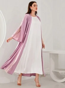 Al Najma Coffee Color Grid Sheer Classic Handmade Modest Long Sleeve Arabian Abaya With Rhinestones, Robe - Pink - View 5