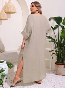 Swim Lushoire Đầm xẻ cổ chữ V màu trơn cỡ lớn - Màu Khaki - Xem 2