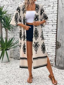 SHEIN LUNE Damska koszulka z ochroną przeciwsłoneczną i nadrukiem na letnie wakacje na plaży, długa czarna z szalowymi rękawami - Morela - Zobacz 5