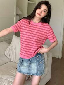 DAZY 女款夏季條紋和印花圓領短袖休閒T恤 - 粉色 - 查看 7