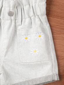 Baby Girl Frayed & Embroidered Denim Shorts Set - Black and White - View 8