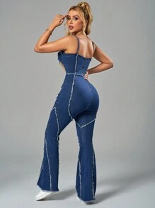 SHEIN SXY 女士日常簡約設計牛仔連身褲 - 深色水洗藍 - 查看 3