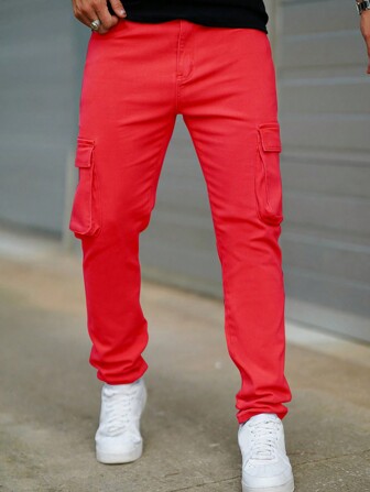 Jeans casual rossi con tasche laterali e tessuto elasticizzato, stile europeo e americano per uomo