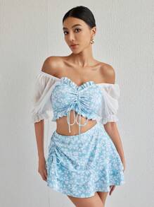 DAZY 女士夏季沙灘花卉印花荷葉邊露肩短袖比基尼套裝，3入組 - 彩色 - 查看 5