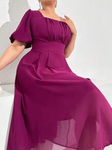 Modelyn Plus Size Solid Color Square Neckline Ruffle Sleeve Pleated Party Dress