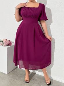Modelyn Plus Size Solid Color Square Neckline Ruffle Sleeve Pleated Party Dress