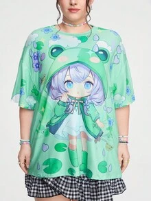 ROMWE Anime Camiseta de rana de talla grande con estilo de dibujos animados lindo - Multicolor - Ver 4