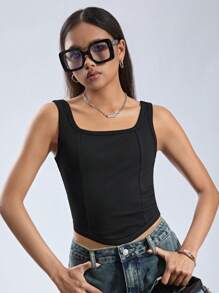 SHEIN Teen Girl Solid Color Knitted U-Neck Sleeveless Top With Curved Hemline For Casual Wear - Black - View 4