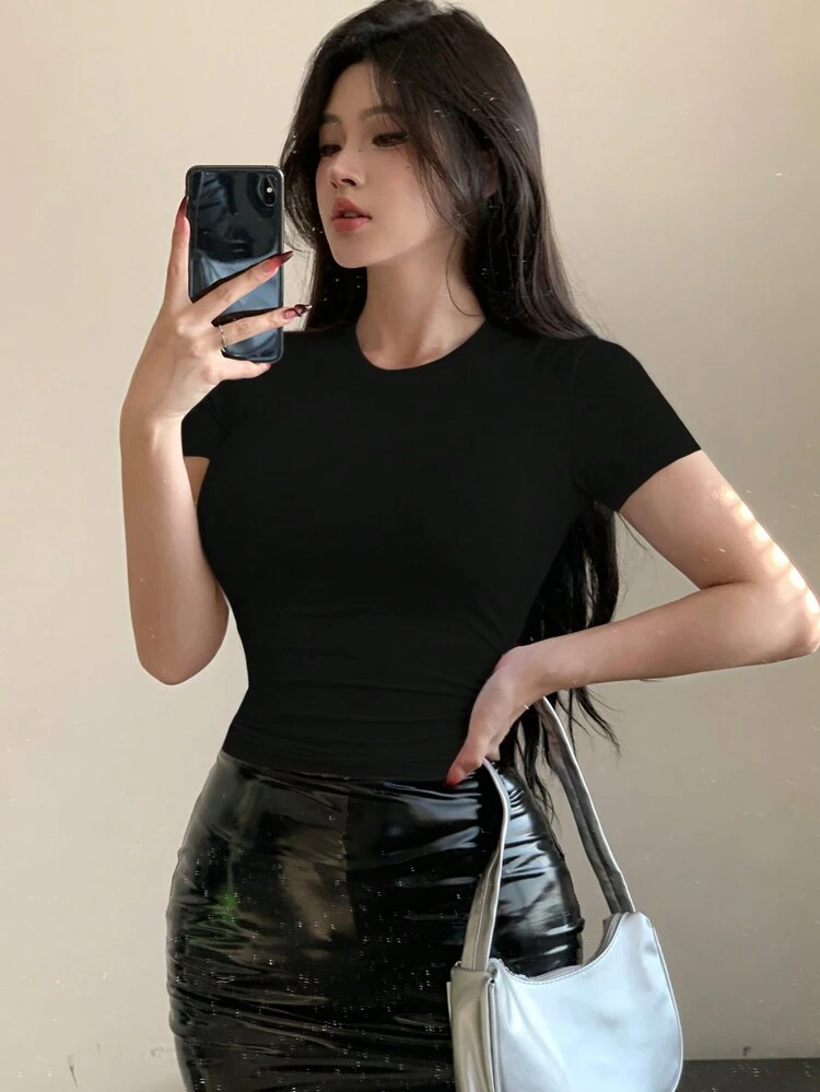 Solid Color Round Neck Slim Fit Women's Short Sleeve T-Shirt Summer