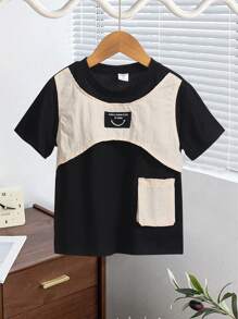 SHEIN 1 peça Camiseta Esportiva Casual com Bolso de Trabalho de Gola Redonda de Bloco de Cor para Menino Jovem para uso Diário e Exercícios
