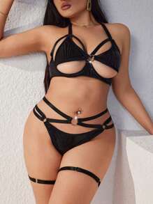SHEIN Sujetador unicolor de talla grande con huecos y decoración de círculo, combinado con tanga y anillos para piernas, conjuntos de lencería sexy de 4 piezas - Negro - Ver 3