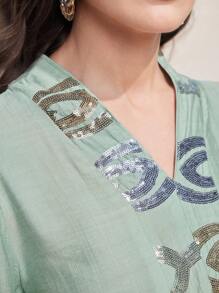 Al Najma V領腰帶休閒長袖日常穿著連衣裙 - 綠色 - 查看 6