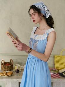 Simple Retro 女式對比花邊方領裙（前胸對稱褶皺、隨機剪裁腰線、前後腰部綻放花紋） - 藍色 - 查看 4