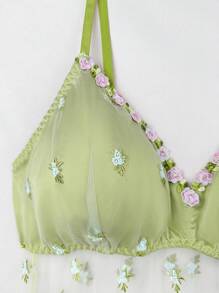 Mesh Embroidered Plus Size Sexy Lingerie Dress + Thong Set - Olive Green - View 5