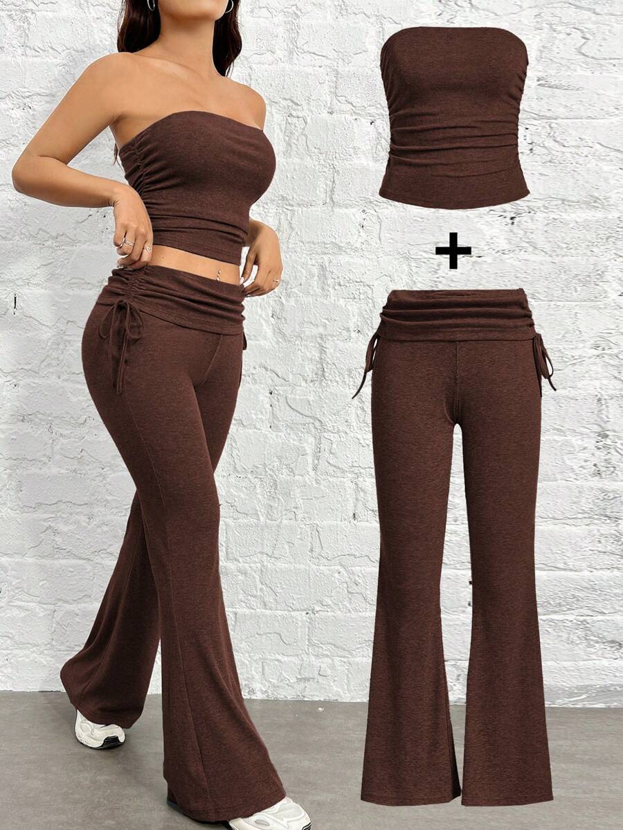 SHEIN EZwear 女性時尚棕色褶皺無肩帶上衣&喇叭褲修身套裝，夏季 - 棕色 - 查看 1