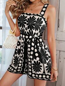 Selianne Ladies' Random Printed Square Neck Sleeveless Jumpsuit With Waist Belt, Summer - Black - View 3