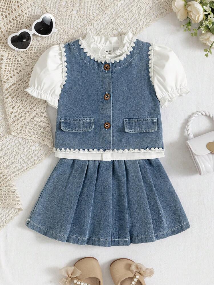 3pcs Fashionable Baby Girls' Puff Sleeve Shirt And Embroidered Denim Top, Simple Denim Pleated Skirt