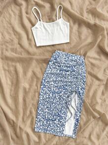 Soleia 女士夏季假日純色背心上衣和花邊側開叉裙子休閒2件套裝 - 藍白色 - 查看 5