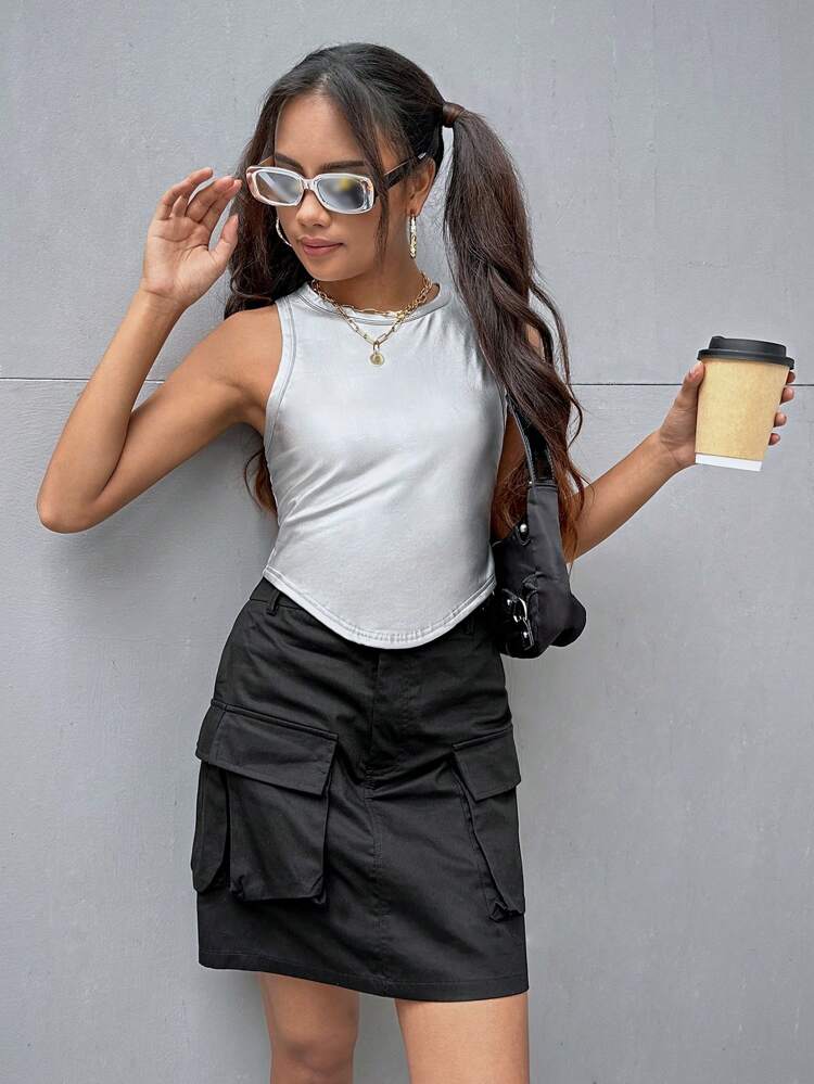 Teen Girl Metal Coating Print Arc Swing Top And Asymmetrical Skirt Outfits With Workwear Style And Accordion Pockets For Summer